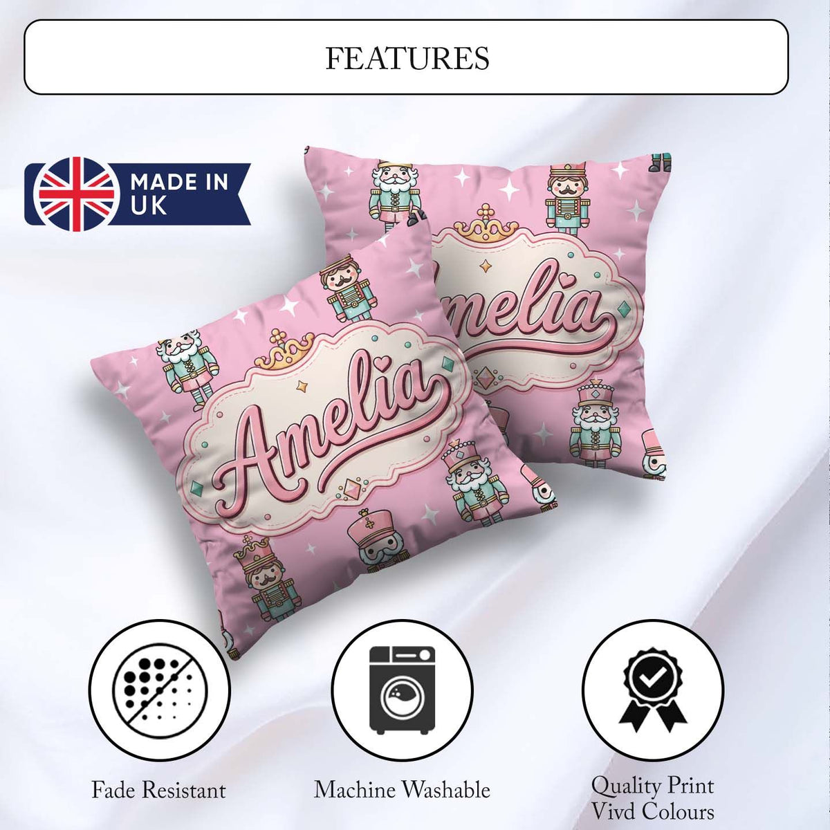 Custom Name Nutcracker Soldiers Pink Background Festive Seamless Square Filled Cushion Throw Pillow Sofa Bed Home Decor Zip Washable UK Made