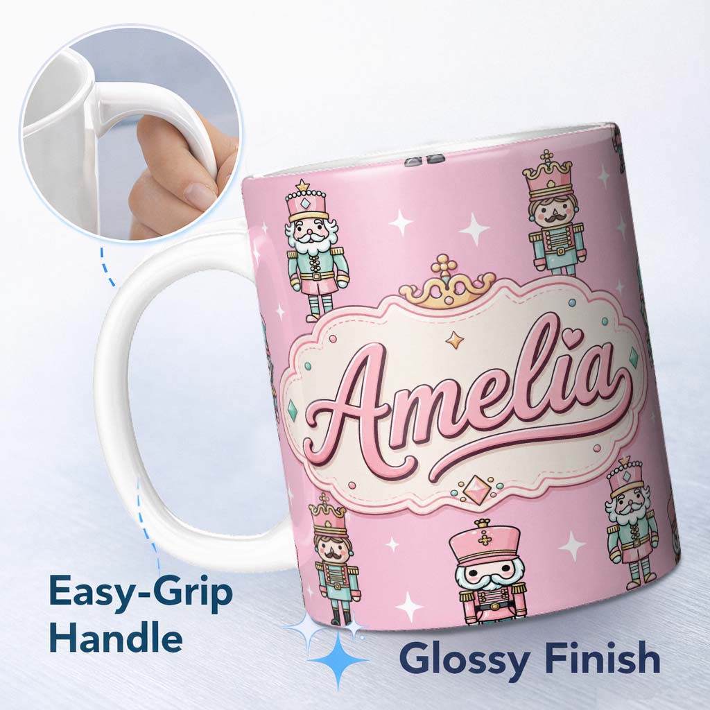 Personalized Custom Name Cute Nutcracker Soldiers Pink Background Festive Christmas Seamless 11oz Ceramic Coffee Tea Mug White Large Handle