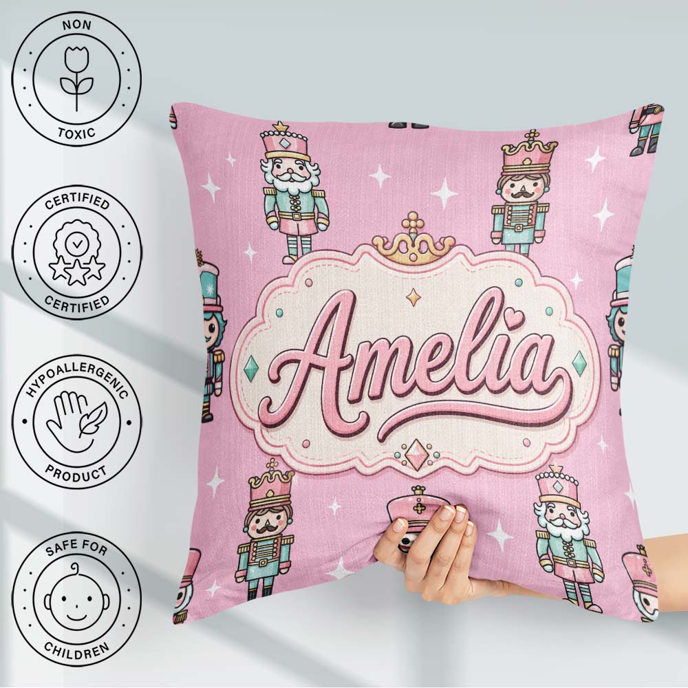 Custom Name Nutcracker Soldiers Pink Background Festive Seamless Square Filled Cushion Throw Pillow Sofa Bed Home Decor Zip Washable UK Made