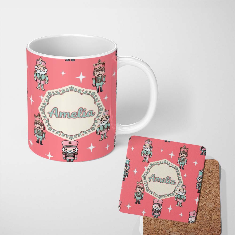 Personalized Custom Name Cute Nutcracker Soldiers Pastel Pink Background Seamless Pattern 11oz Ceramic Coffee Tea Mug White Large Handle