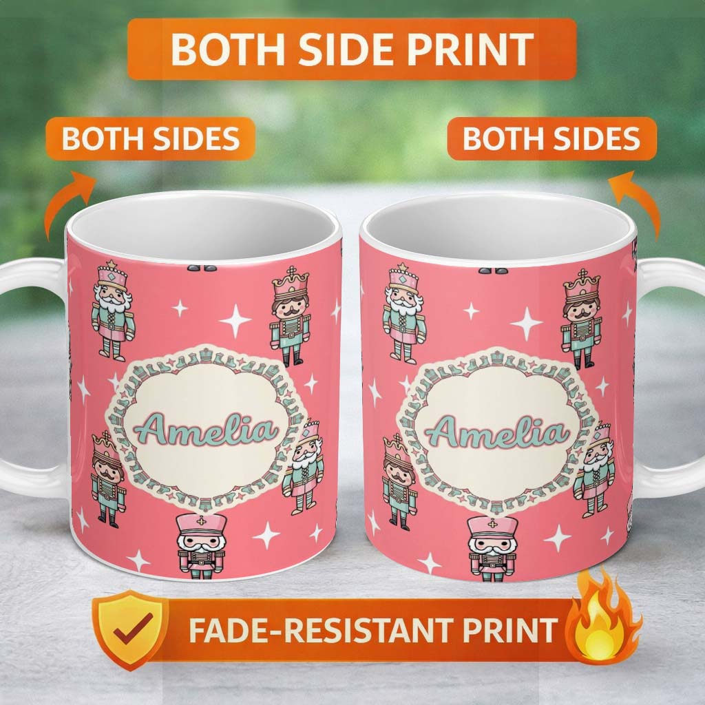 Personalized Custom Name Cute Nutcracker Soldiers Pastel Pink Background Seamless Pattern 11oz Ceramic Coffee Tea Mug White Large Handle