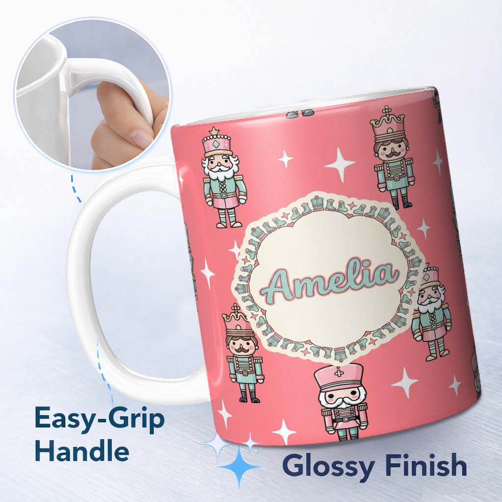 Personalized Custom Name Cute Nutcracker Soldiers Pastel Pink Background Seamless Pattern 11oz Ceramic Coffee Tea Mug White Large Handle