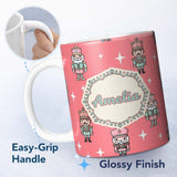 Personalized Custom Name Cute Nutcracker Soldiers Pastel Pink Background Seamless Pattern 11oz Ceramic Coffee Tea Mug White Large Handle