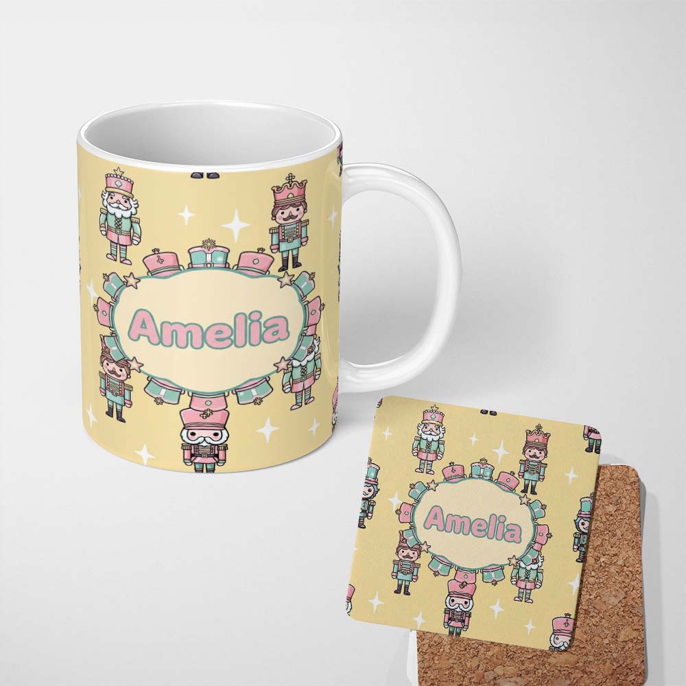 Personalized Custom Name Cute Nutcracker Soldiers Soft Beige Background Seamless Pattern Name 11oz Ceramic Coffee Tea Mug White Large Handle