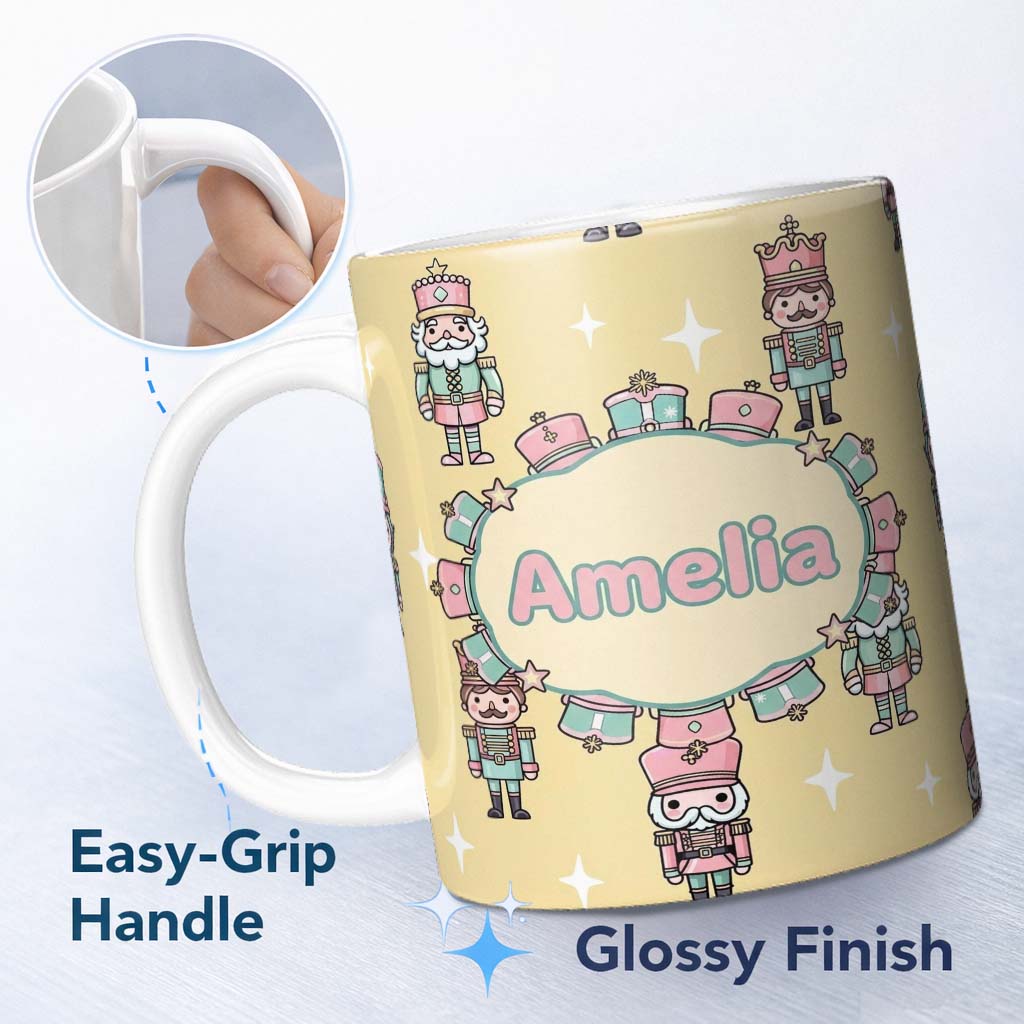 Personalized Custom Name Cute Nutcracker Soldiers Soft Beige Background Seamless Pattern Name 11oz Ceramic Coffee Tea Mug White Large Handle