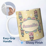 Personalized Custom Name Cute Nutcracker Soldiers Soft Beige Background Seamless Pattern Name 11oz Ceramic Coffee Tea Mug White Large Handle