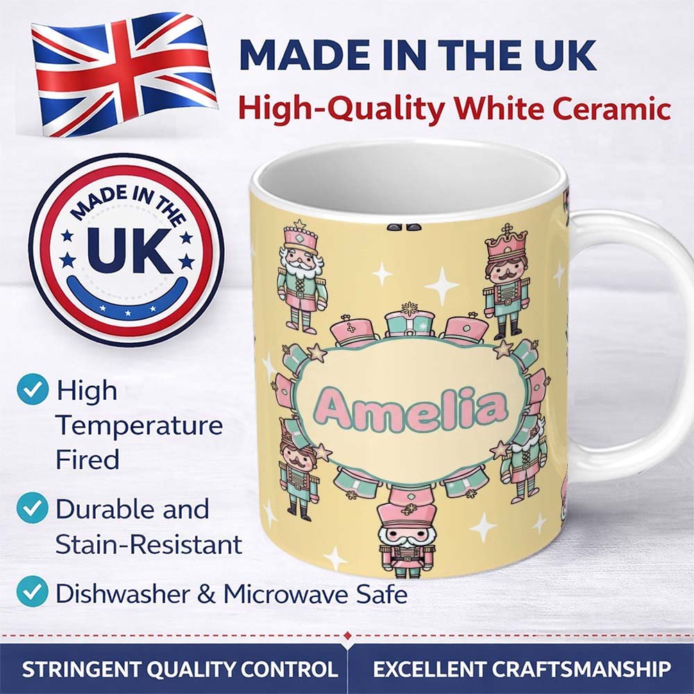 Personalized Custom Name Cute Nutcracker Soldiers Soft Beige Background Seamless Pattern Name 11oz Ceramic Coffee Tea Mug White Large Handle