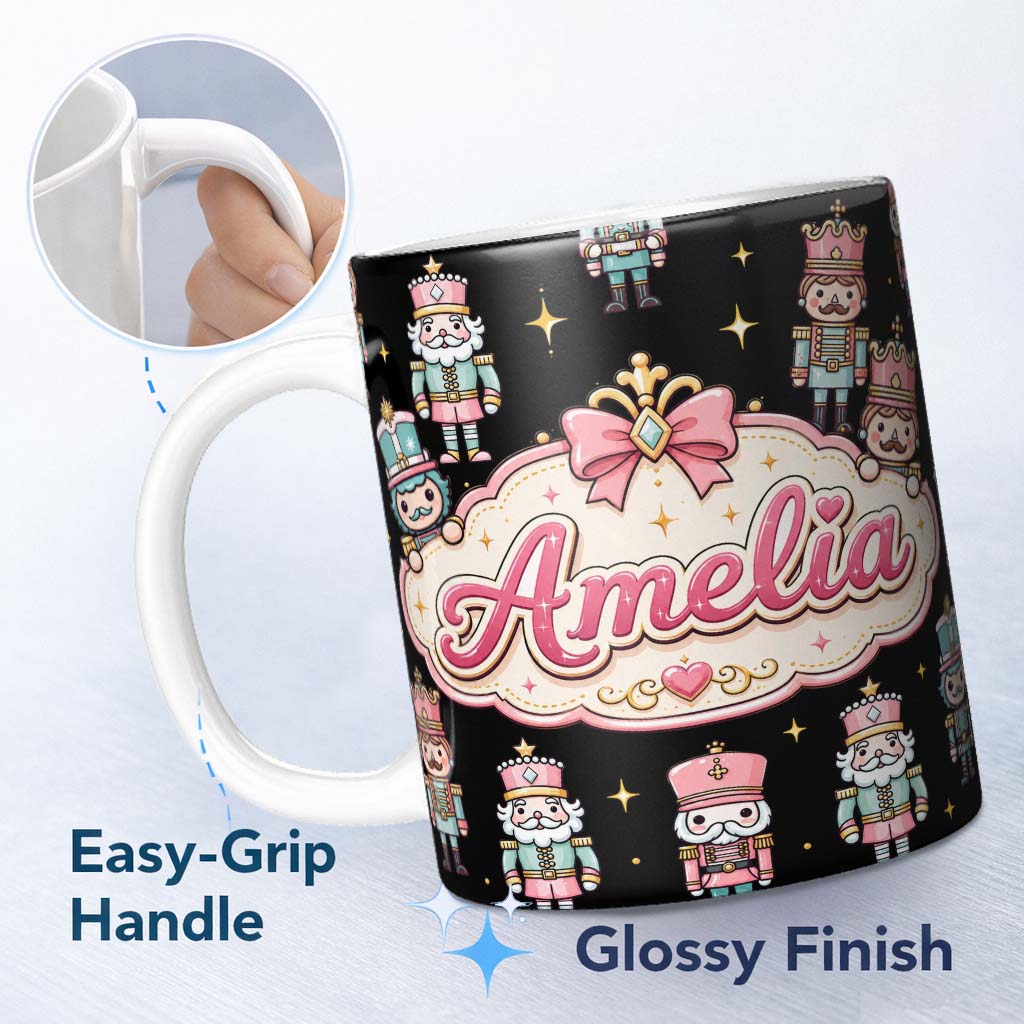 Personalized Custom Name Cute Nutcracker Soldiers Dark Night Background Seamless Pattern Name 11oz Ceramic Coffee Tea Mug White Large Handle