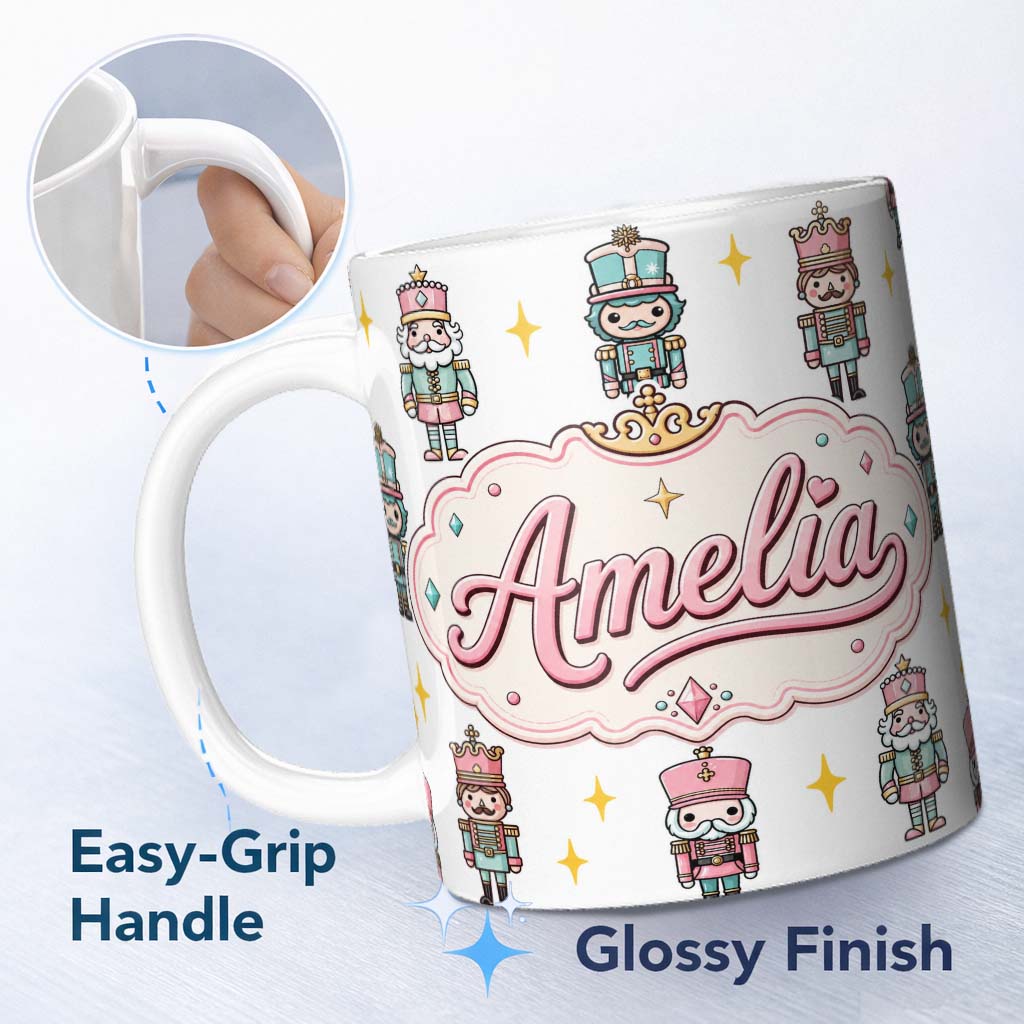 Personalized Custom Name Cute Nutcracker Soldiers Light Grey Background Seamless Pattern Name 11oz Ceramic Coffee Tea Mug White Large Handle