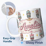 Personalized Custom Name Cute Nutcracker Soldiers Light Grey Background Seamless Pattern Name 11oz Ceramic Coffee Tea Mug White Large Handle