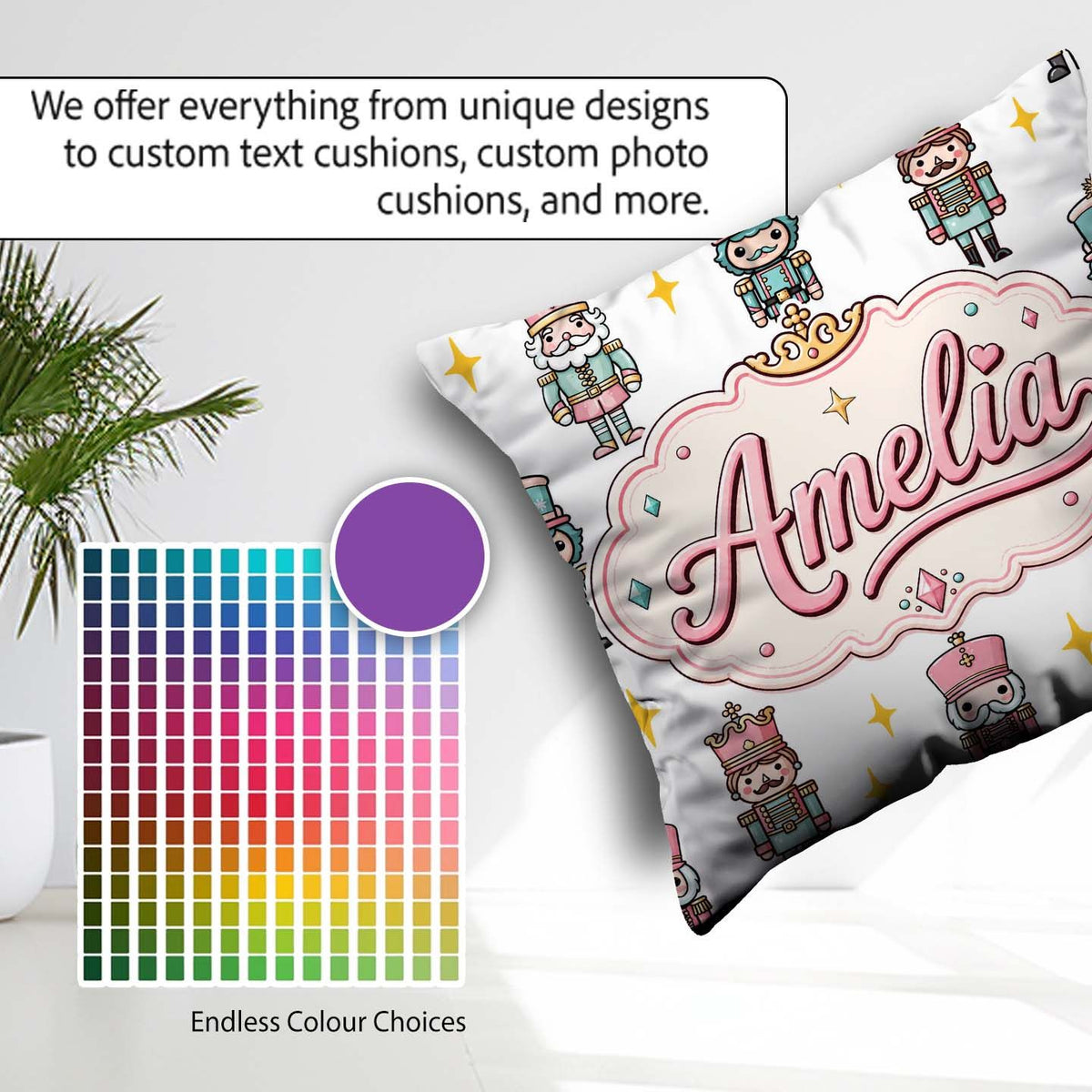 Custom Name Nutcracker Soldiers Light Grey Seamless Pattern Name Square Filled Cushion Throw Pillow Sofa Bed Home Decor Zip Washable UK Made