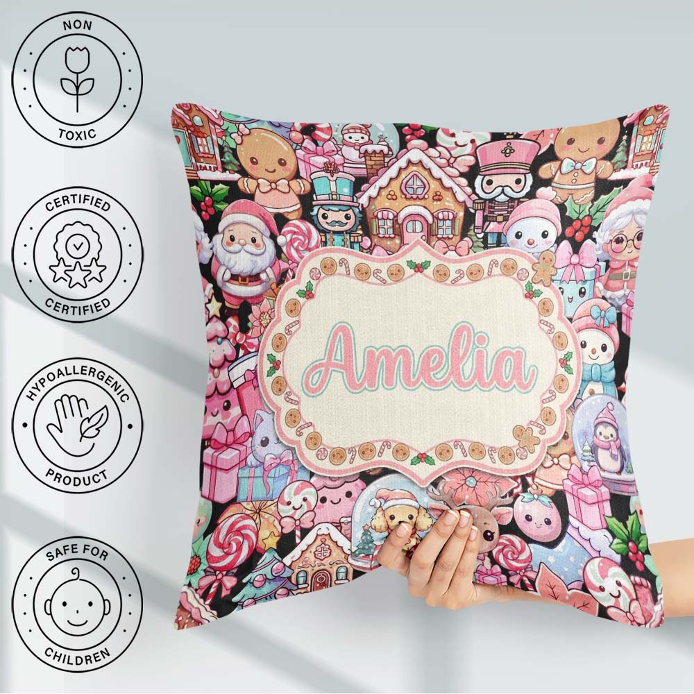 Custom Name Cute Christmas Gingerbread Candy House Seamless Name Square Filled Cushion Throw Pillow Sofa Bed Home Decor Zip Washable UK Made
