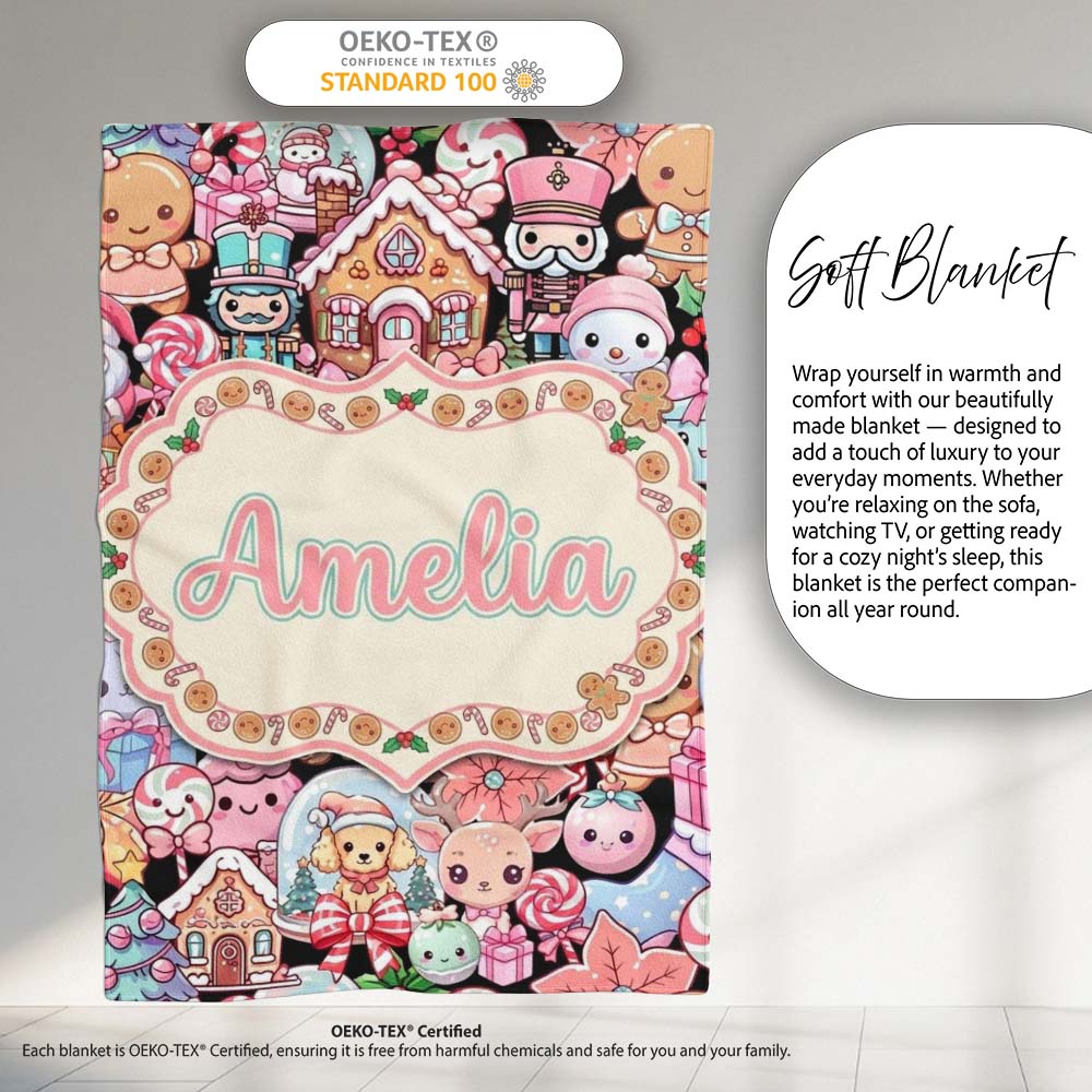 Cute Christmas Gingerbread Candy House Seamless Pattern Name Unique  Personalised Custom Name Super Soft Fleece Blanket Bed Sofa Throw