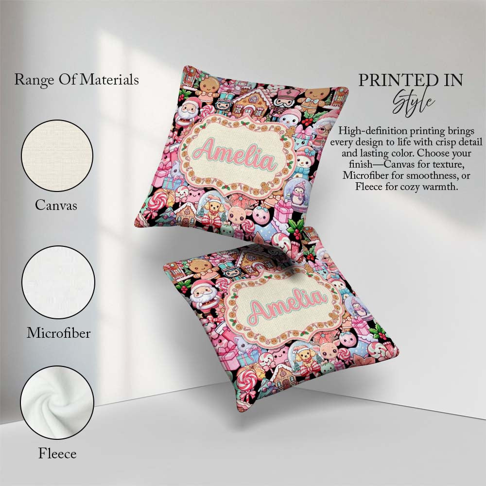 Custom Name Cute Christmas Gingerbread Candy House Seamless Name Square Filled Cushion Throw Pillow Sofa Bed Home Decor Zip Washable UK Made