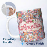 Personalized Custom Name Cute Christmas Gingerbread Candy Blue Background Seamless Pattern 11oz Ceramic Coffee Tea Mug White Large Handle