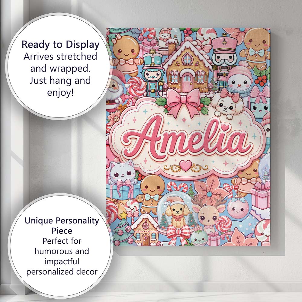 Personalised Name Cute Christmas Gingerbread Custom Bespoke  Contemporary Display Canvas Wall Art Print Decor Picture Ready to Hang