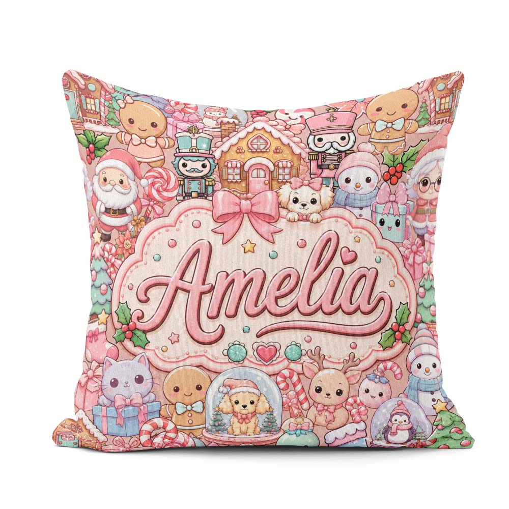 Custom Name Christmas Gingerbread Candy Warm Beige Seamless Name Square Filled Cushion Throw Pillow Sofa Bed Home Decor Zip Washable UK Made