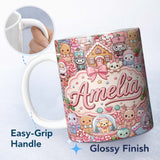 Personalized Custom Name Cute Christmas Gingerbread Candy Warm Beige Seamless Pattern Name 11oz Ceramic Coffee Tea Mug White Large Handle