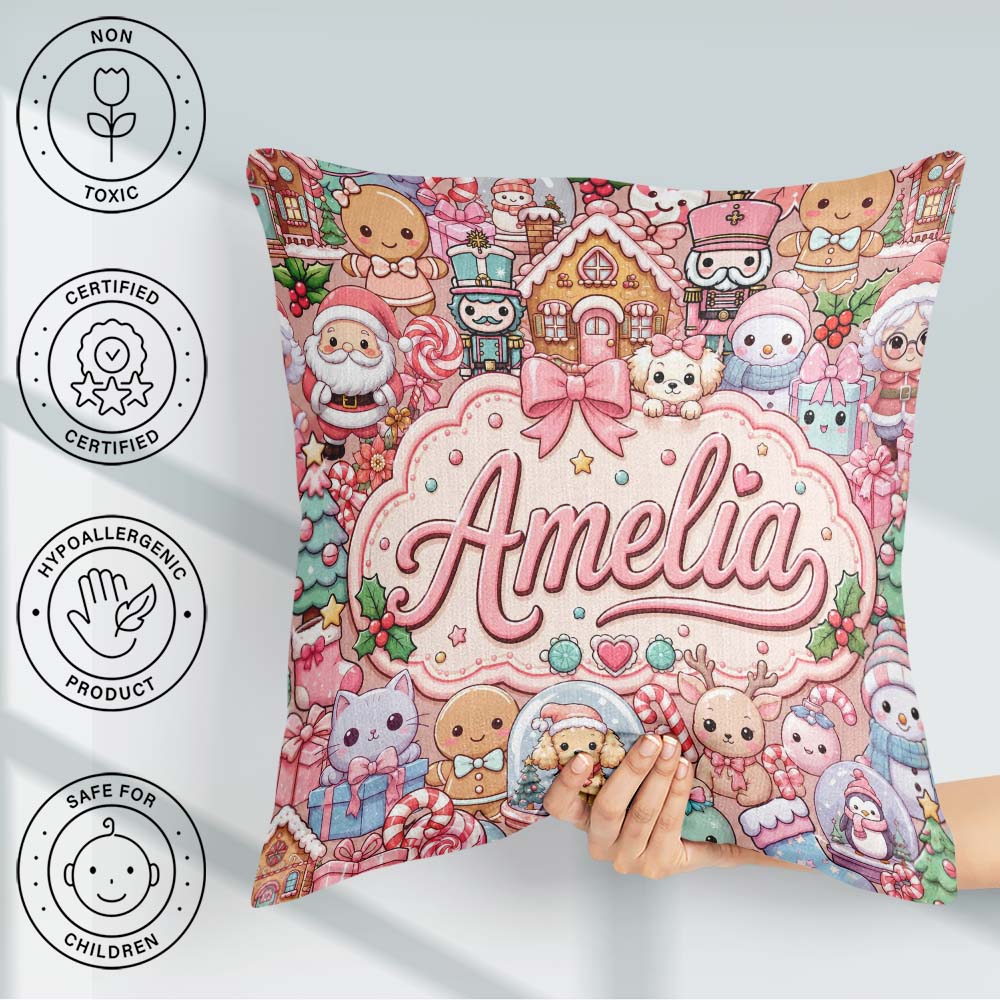 Custom Name Christmas Gingerbread Candy Warm Beige Seamless Name Square Filled Cushion Throw Pillow Sofa Bed Home Decor Zip Washable UK Made