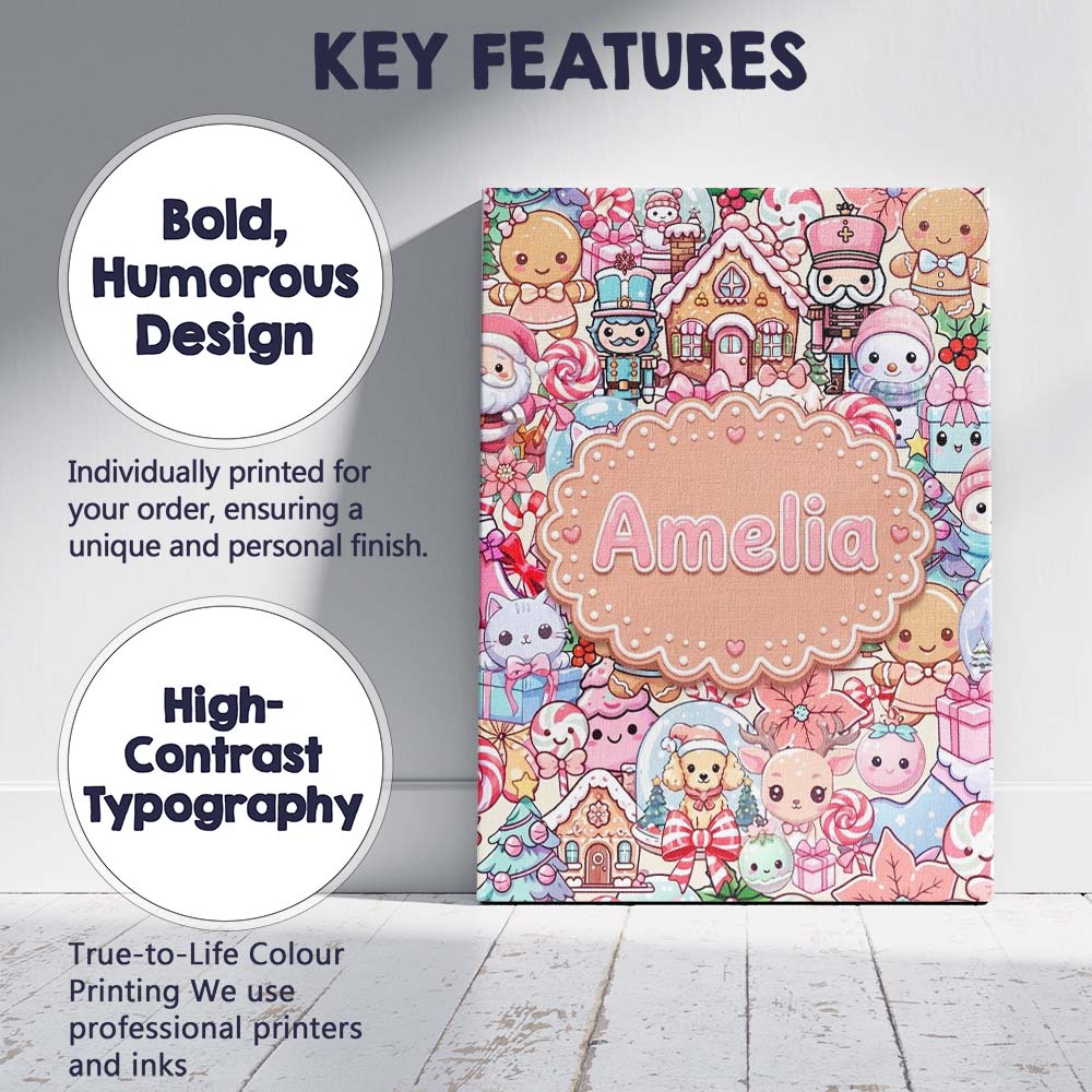 Personalised Name Cute Christmas Gingerbread Custom Bespoke  Contemporary Display Canvas Wall Art Print Decor Picture Ready to Hang