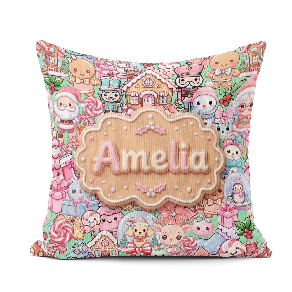 Custom Name Christmas Gingerbread Candy Festive Green Background Square Filled Cushion Throw Pillow Sofa Bed Home Decor Zip Washable UK Made