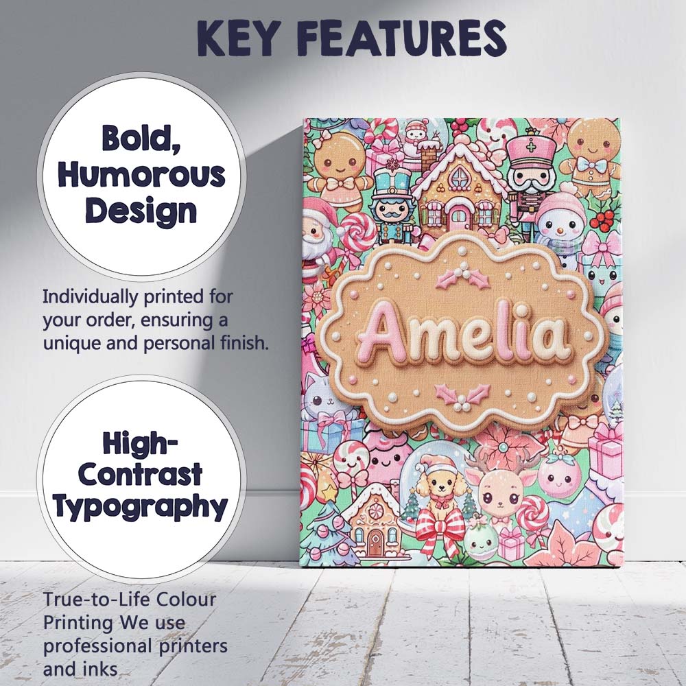 Personalised Name Cute Christmas Gingerbread Custom Bespoke  Contemporary Display Canvas Wall Art Print Decor Picture Ready to Hang