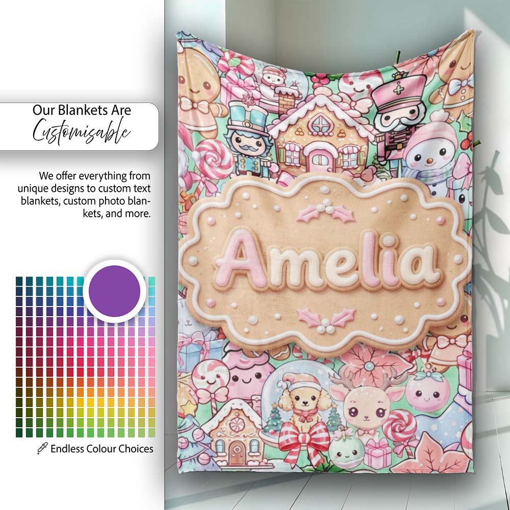 Cute Christmas Gingerbread Candy Festive Green Background Seamless  Personalised Custom Name Super Soft Fleece Blanket Bed Sofa Throw