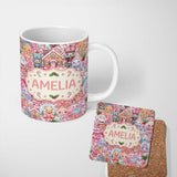 Personalized Custom Name Cute Christmas Gingerbread Candy Soft Pink Background Seamless 11oz Ceramic Coffee Tea Mug White Large Handle