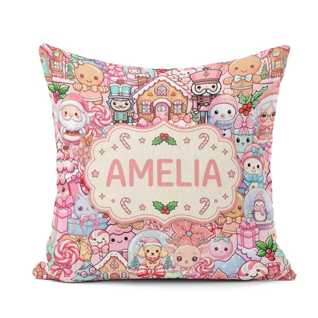 Custom Name Cute Gingerbread Candy Soft Pink Background Seamless Square Filled Cushion Throw Pillow Sofa Bed Home Decor Zip Washable UK Made