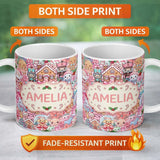 Personalized Custom Name Cute Christmas Gingerbread Candy Soft Pink Background Seamless 11oz Ceramic Coffee Tea Mug White Large Handle