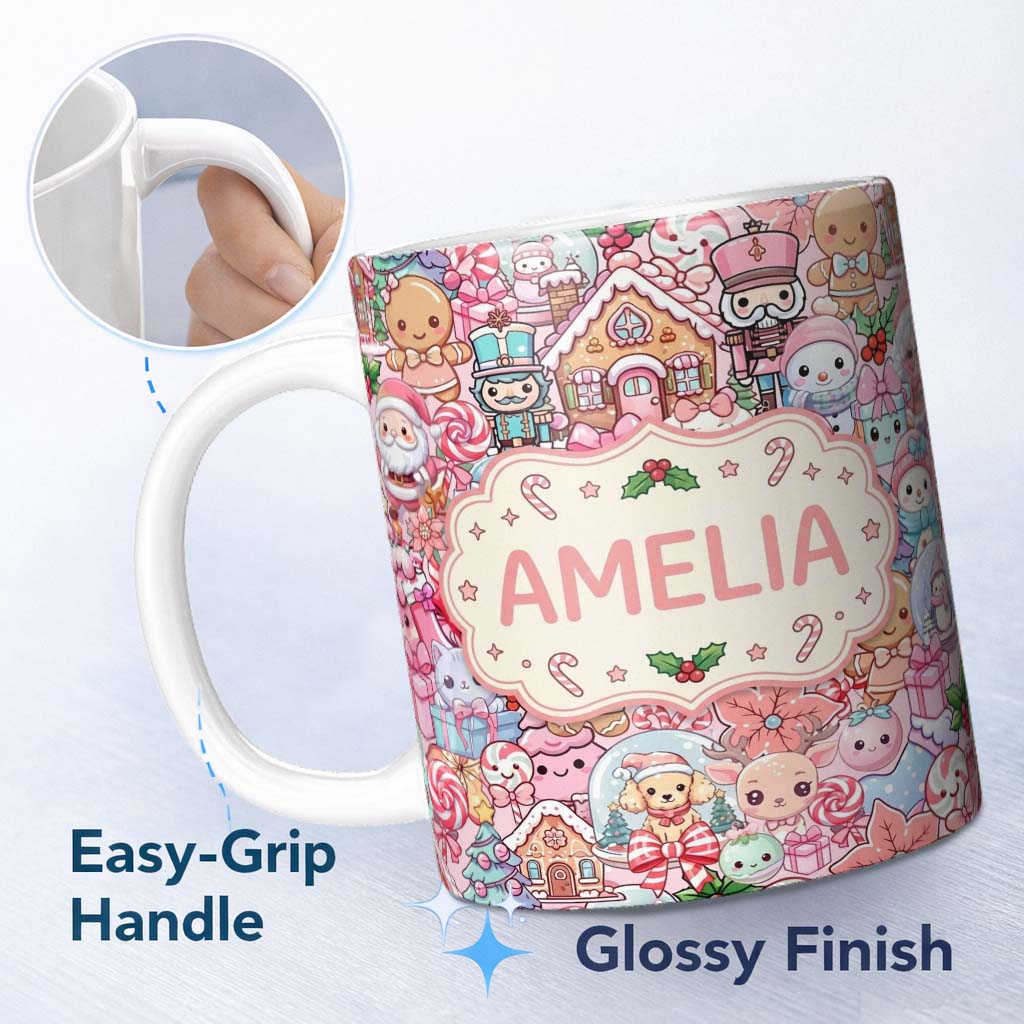 Personalized Custom Name Cute Christmas Gingerbread Candy Soft Pink Background Seamless 11oz Ceramic Coffee Tea Mug White Large Handle