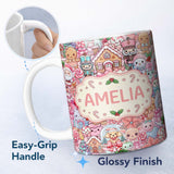 Personalized Custom Name Cute Christmas Gingerbread Candy Soft Pink Background Seamless 11oz Ceramic Coffee Tea Mug White Large Handle