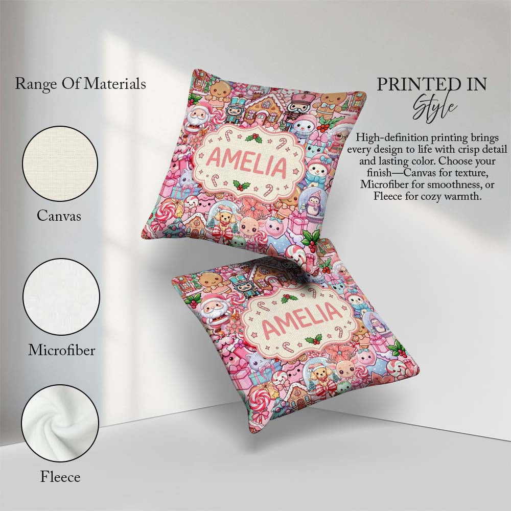 Custom Name Cute Gingerbread Candy Soft Pink Background Seamless Square Filled Cushion Throw Pillow Sofa Bed Home Decor Zip Washable UK Made