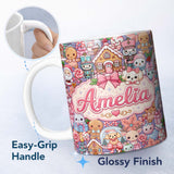 Personalized Custom Name Cute Christmas Gingerbread Candy Cool Blue Background Seamless 11oz Ceramic Coffee Tea Mug White Large Handle