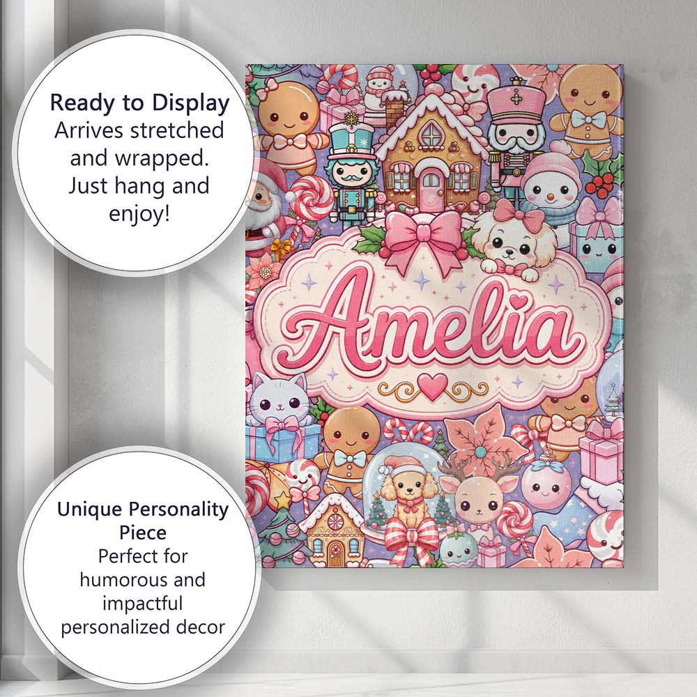 Personalised Name Cute Christmas Gingerbread Custom Bespoke  Contemporary Display Canvas Wall Art Print Decor Picture Ready to Hang