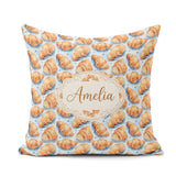 Custom Name Croissant Pastry Soft Blue Artistic Seamless Pattern Square Filled Cushion Throw Pillow Sofa Bed Home Decor Zip Washable UK Made