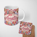 Personalized Custom Name Cute Christmas Gingerbread Candy Bright Red Background Seamless 11oz Ceramic Coffee Tea Mug White Large Handle