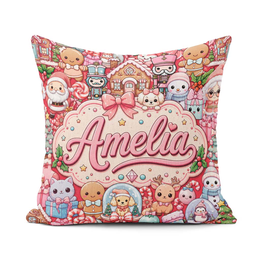 Custom Name Cute Christmas Gingerbread Candy Bright Red Seamless Square Filled Cushion Throw Pillow Sofa Bed Home Decor Zip Washable UK Made
