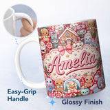 Personalized Custom Name Cute Christmas Gingerbread Candy Bright Red Background Seamless 11oz Ceramic Coffee Tea Mug White Large Handle