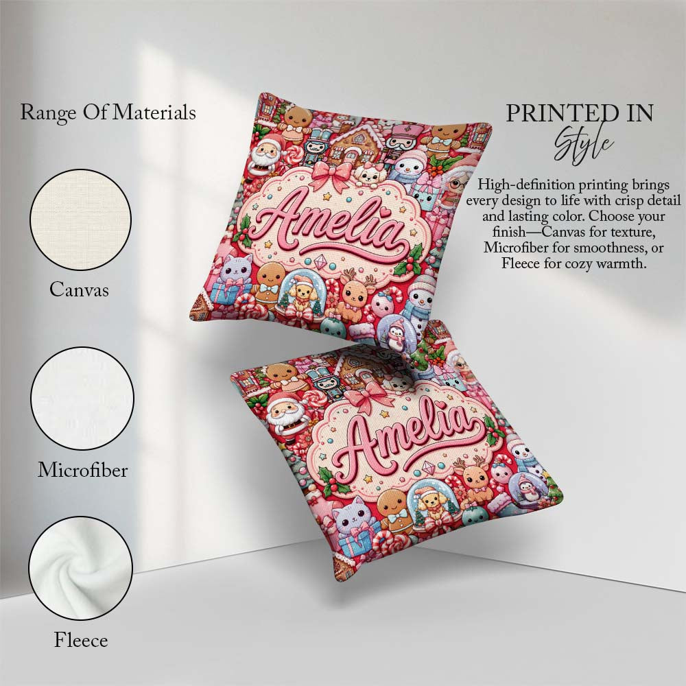 Custom Name Cute Christmas Gingerbread Candy Bright Red Seamless Square Filled Cushion Throw Pillow Sofa Bed Home Decor Zip Washable UK Made