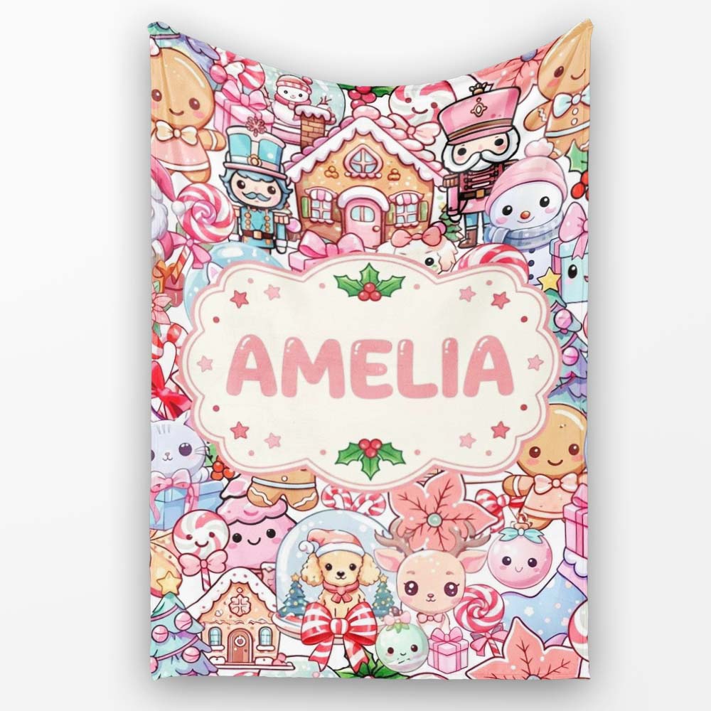 Cute Christmas Gingerbread Candy Pastel Cream Background Seamless  Personalised Custom Name Super Soft Fleece Blanket Bed Sofa Throw