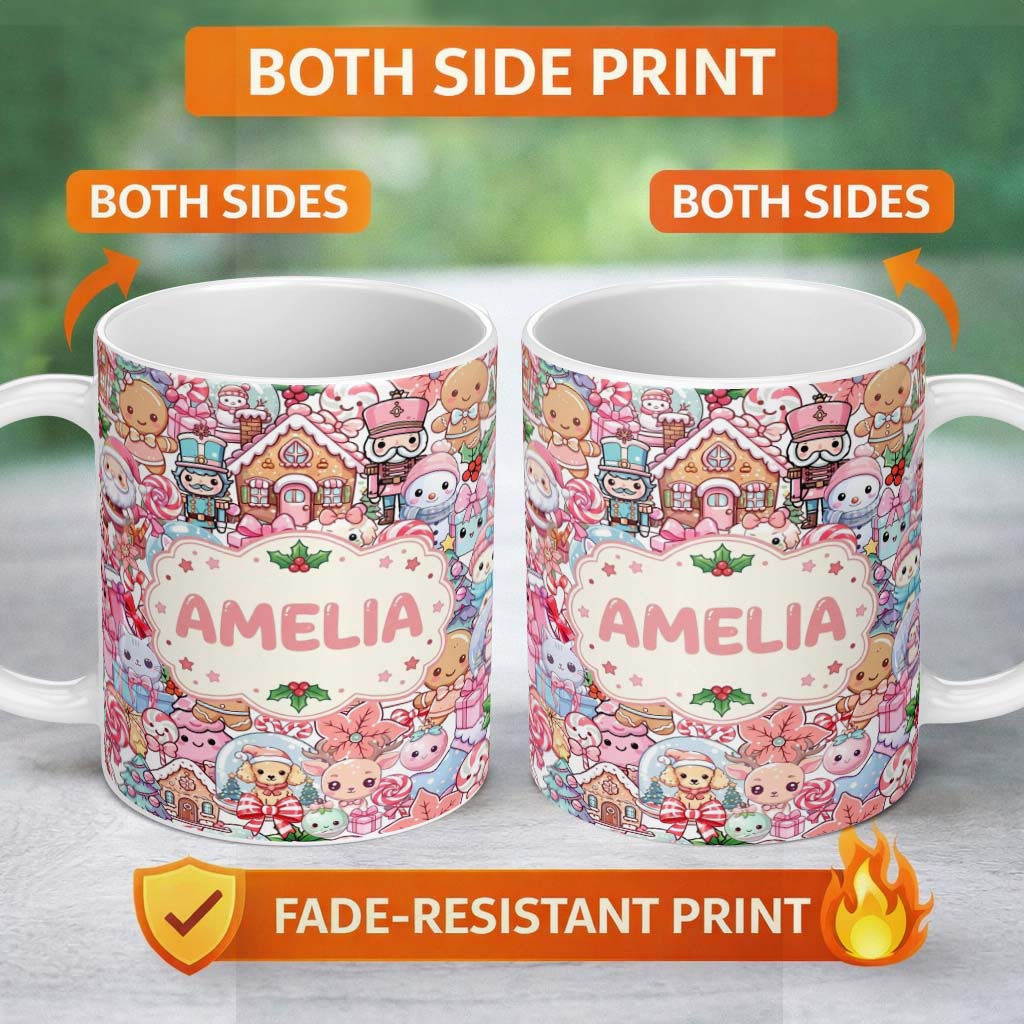 Personalized Custom Name Cute Christmas Gingerbread Candy Pastel Cream Background Seamless 11oz Ceramic Coffee Tea Mug White Large Handle
