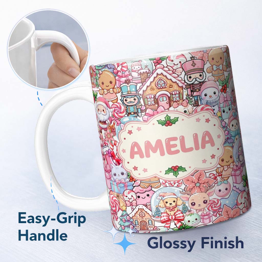 Personalized Custom Name Cute Christmas Gingerbread Candy Pastel Cream Background Seamless 11oz Ceramic Coffee Tea Mug White Large Handle
