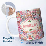 Personalized Custom Name Cute Christmas Gingerbread Candy Pastel Cream Background Seamless 11oz Ceramic Coffee Tea Mug White Large Handle