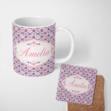 Personalized Custom Name Floral Geometric in Pink and Navy Symmetrical Design Lovely 11oz Ceramic Coffee Tea Mug White Large Handle