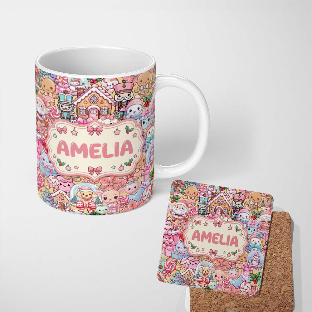 Personalized Custom Name Cute Christmas Gingerbread Candy Warm Beige Background Seamless 11oz Ceramic Coffee Tea Mug White Large Handle