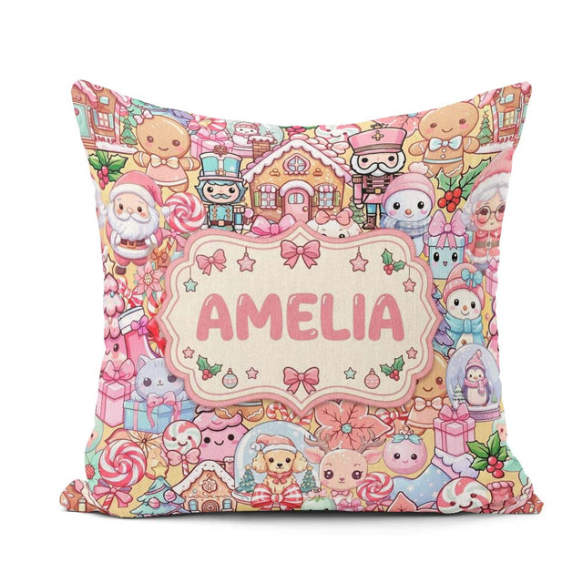 Custom Name Cute Christmas Gingerbread Candy Warm Beige Seamless Square Filled Cushion Throw Pillow Sofa Bed Home Decor Zip Washable UK Made