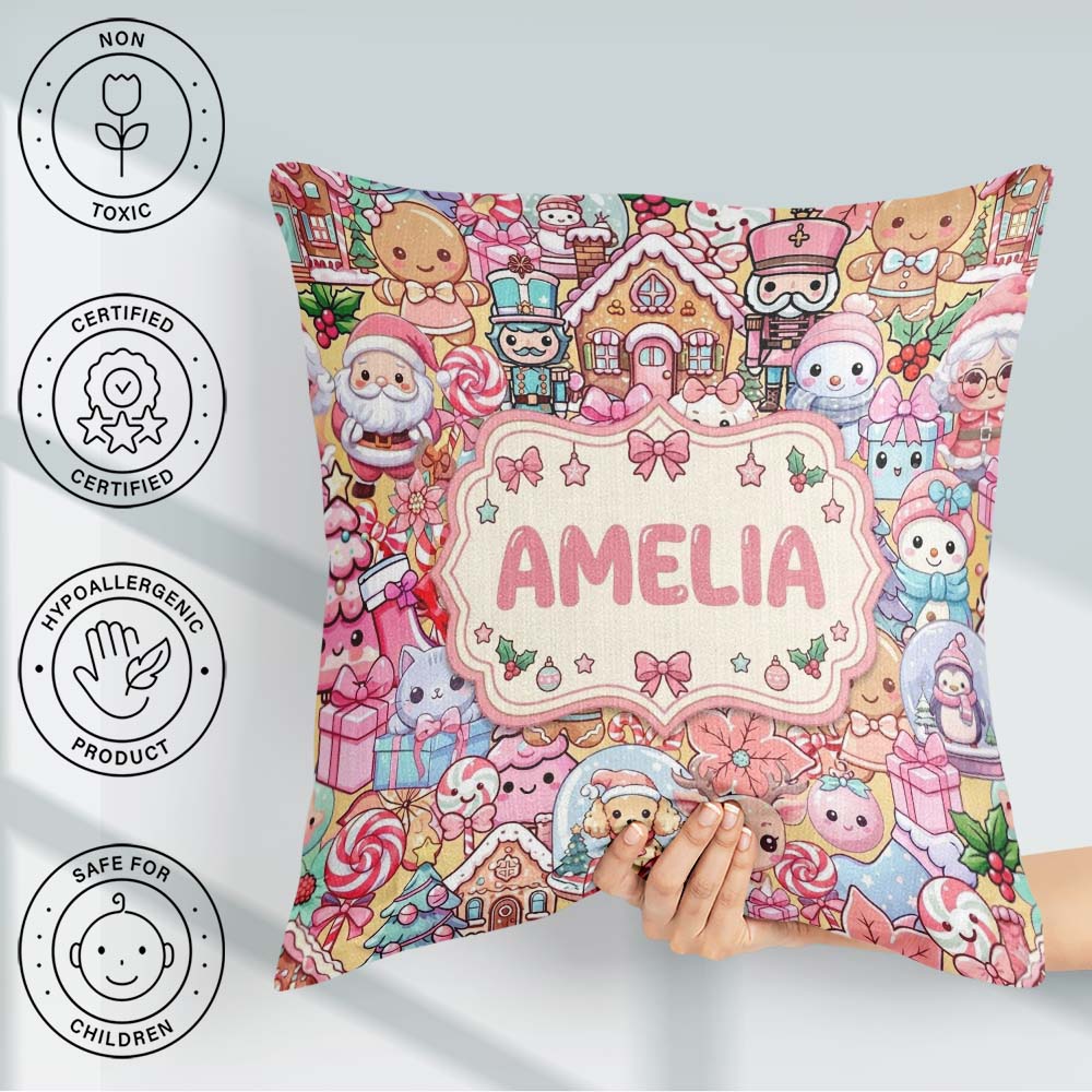 Custom Name Cute Christmas Gingerbread Candy Warm Beige Seamless Square Filled Cushion Throw Pillow Sofa Bed Home Decor Zip Washable UK Made