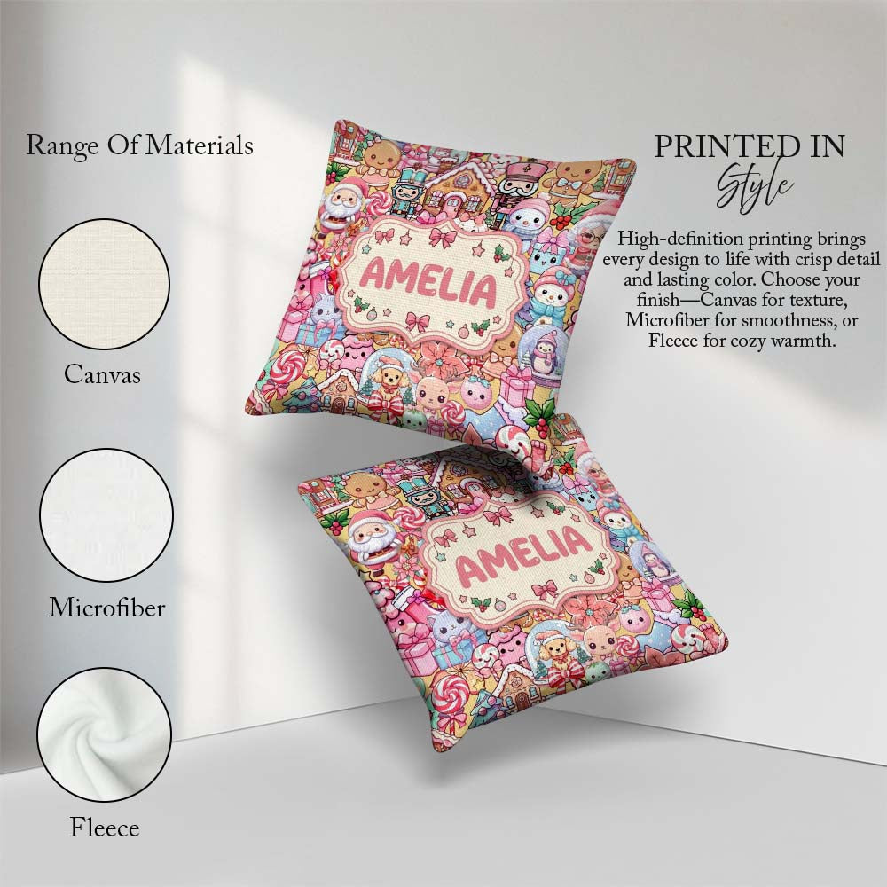 Custom Name Cute Christmas Gingerbread Candy Warm Beige Seamless Square Filled Cushion Throw Pillow Sofa Bed Home Decor Zip Washable UK Made