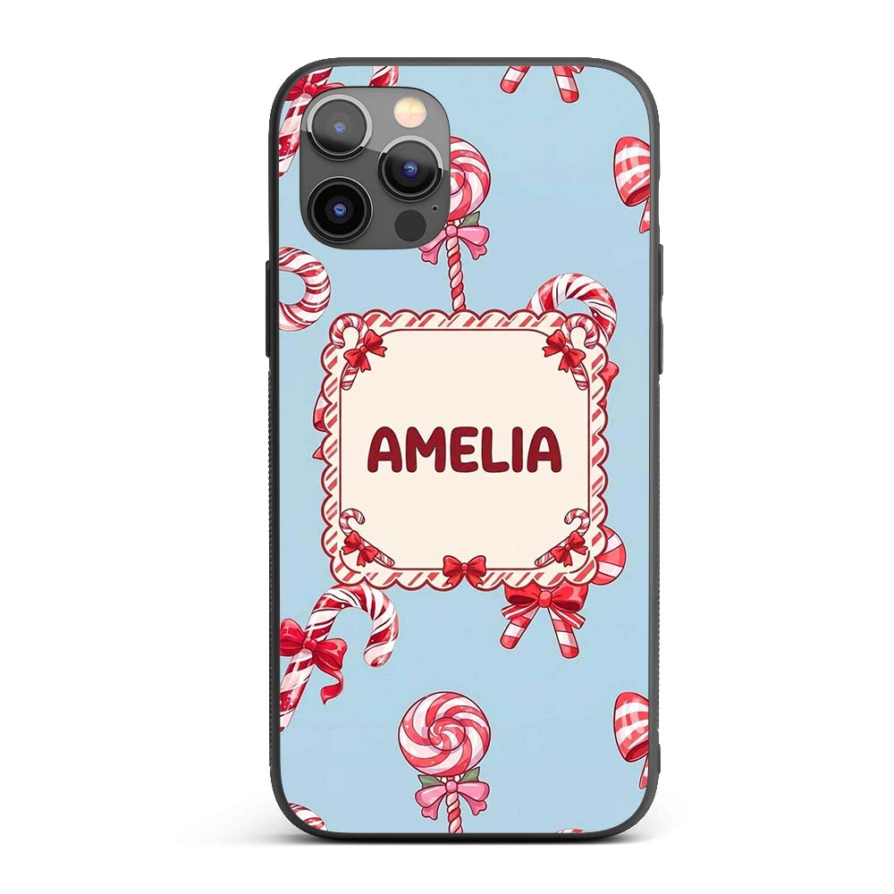 Cute Candy Cane Bows Light Blue Printed Design Custom Name Protective Phone Case Mobile Cover Durable Everyday Smartphone Shock Resistant